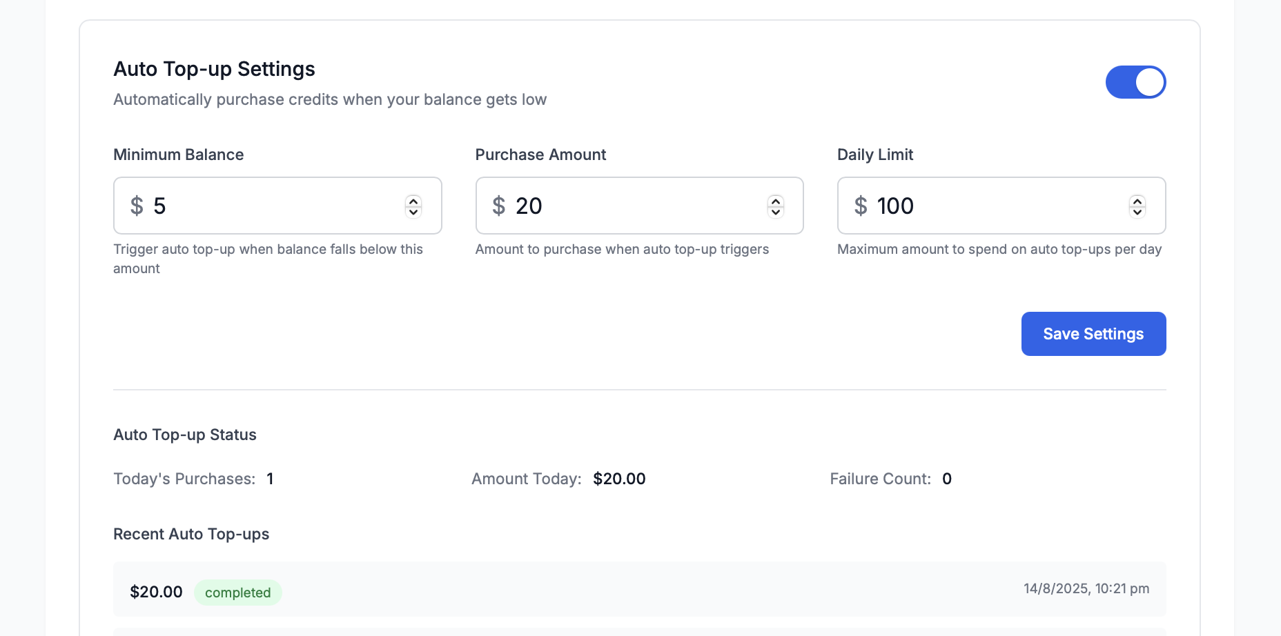 Auto Top-up Settings