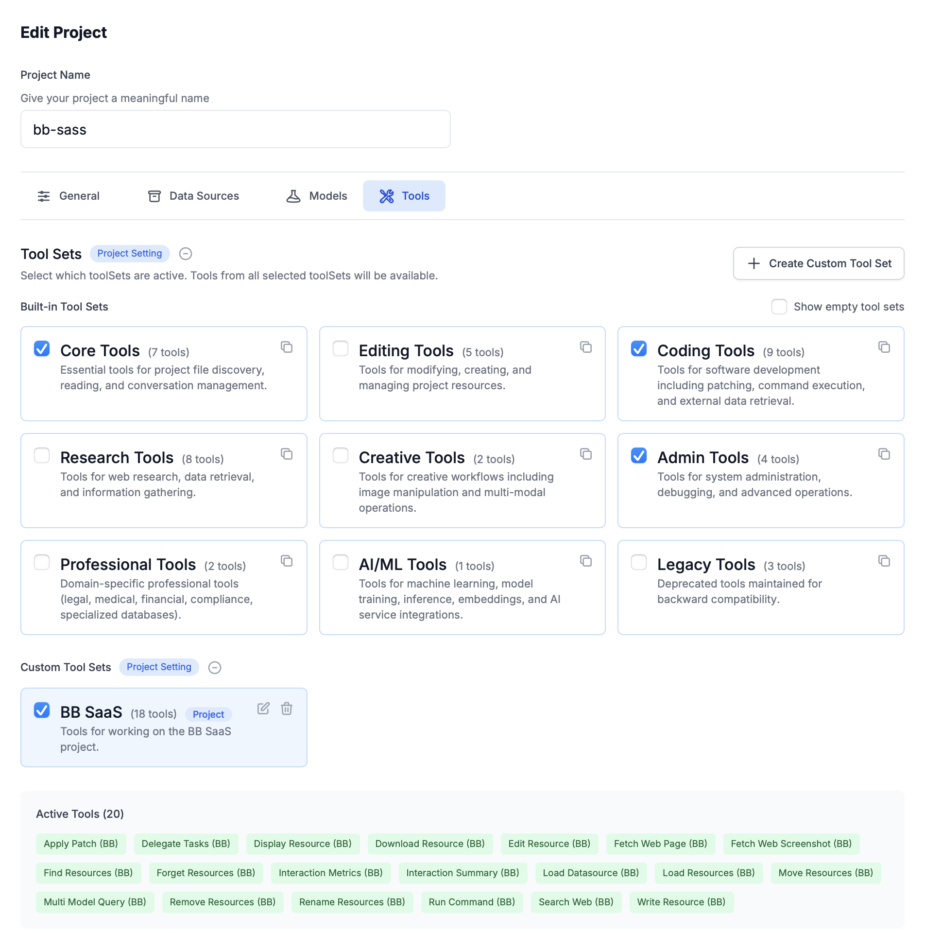 Project tool sets settings showing project-specific tool set selection that overrides global settings